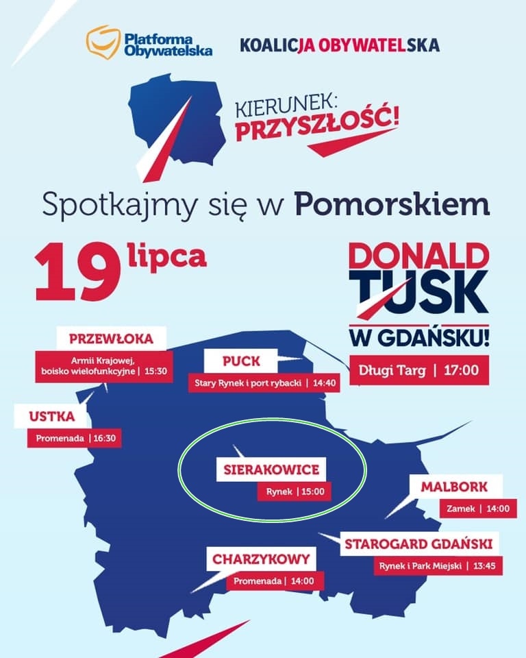 Mapka opublikowana w mediach społecznościowych. Zaznaczone na niej są Sierakowice i miejsce spotkania. fot. nadesłane (źródło mapy: Facebook/Platforma Obywatelska)